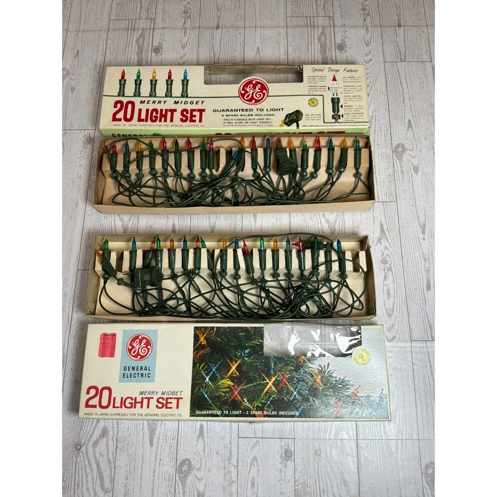 Vintage GE Merry Midget Christmas Lights 2 Sets Made Japan Woolworth Twin Fair
